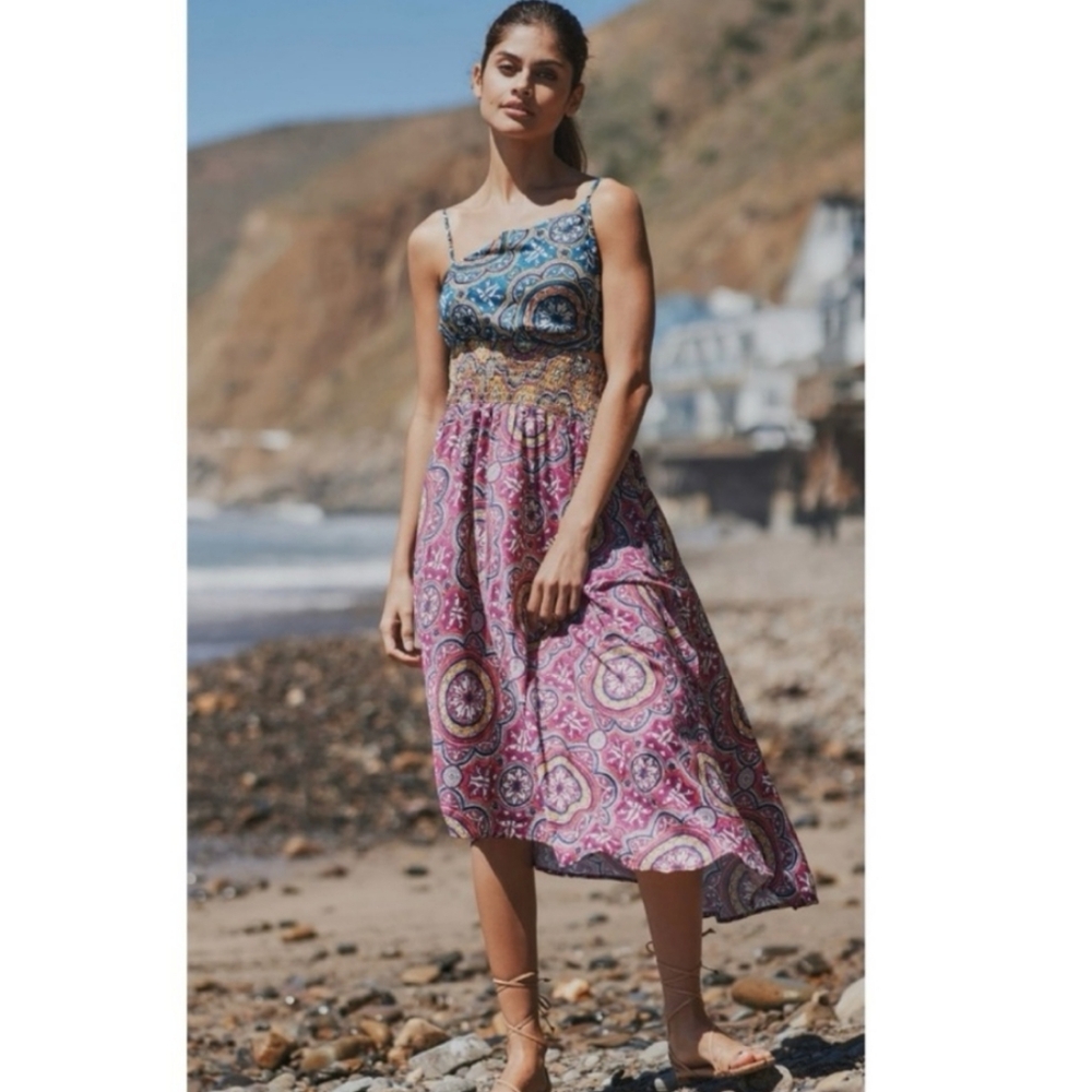 Anthropologie Smocked Cutout Midi Dress Sz M